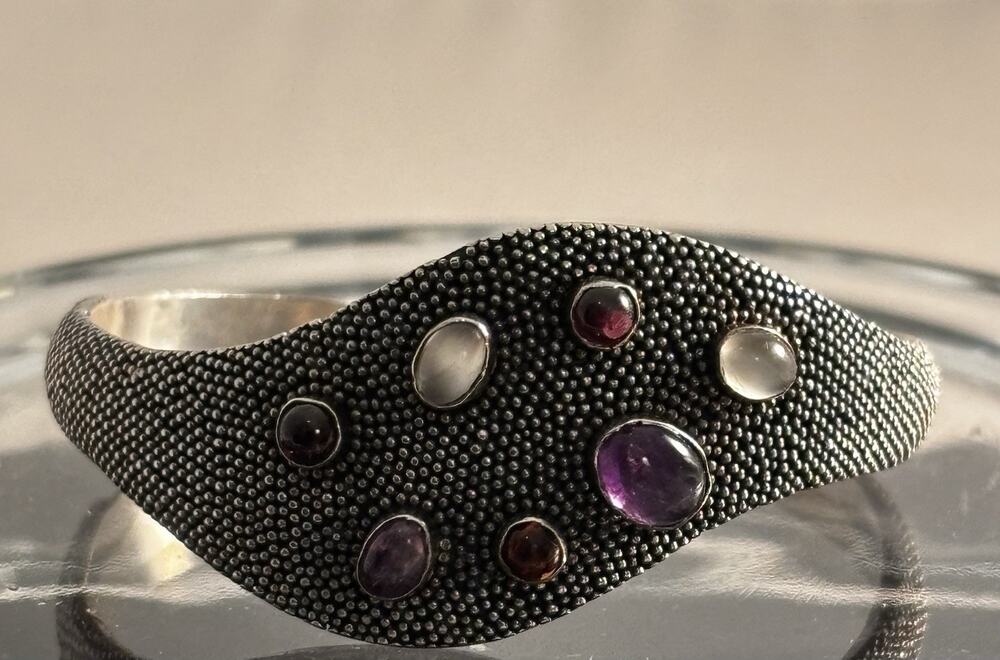 Artisan Granulated Sterling/Multi Gemstone Asymmetrical/Wave Cuff BRACELET